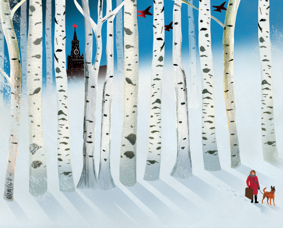 An illustration of a woman standing at the edge of a snowy forrest
