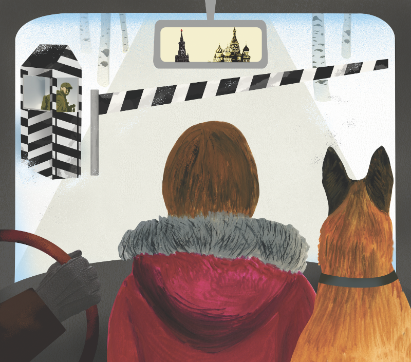 An illustration of a woman and dog sitting in a car in front of a checkpoint with a guard