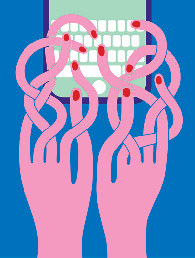 An illustration of two hands with long, tangled fingers typing on a typewriter