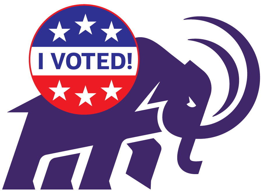 mammoth wears button that says I voted