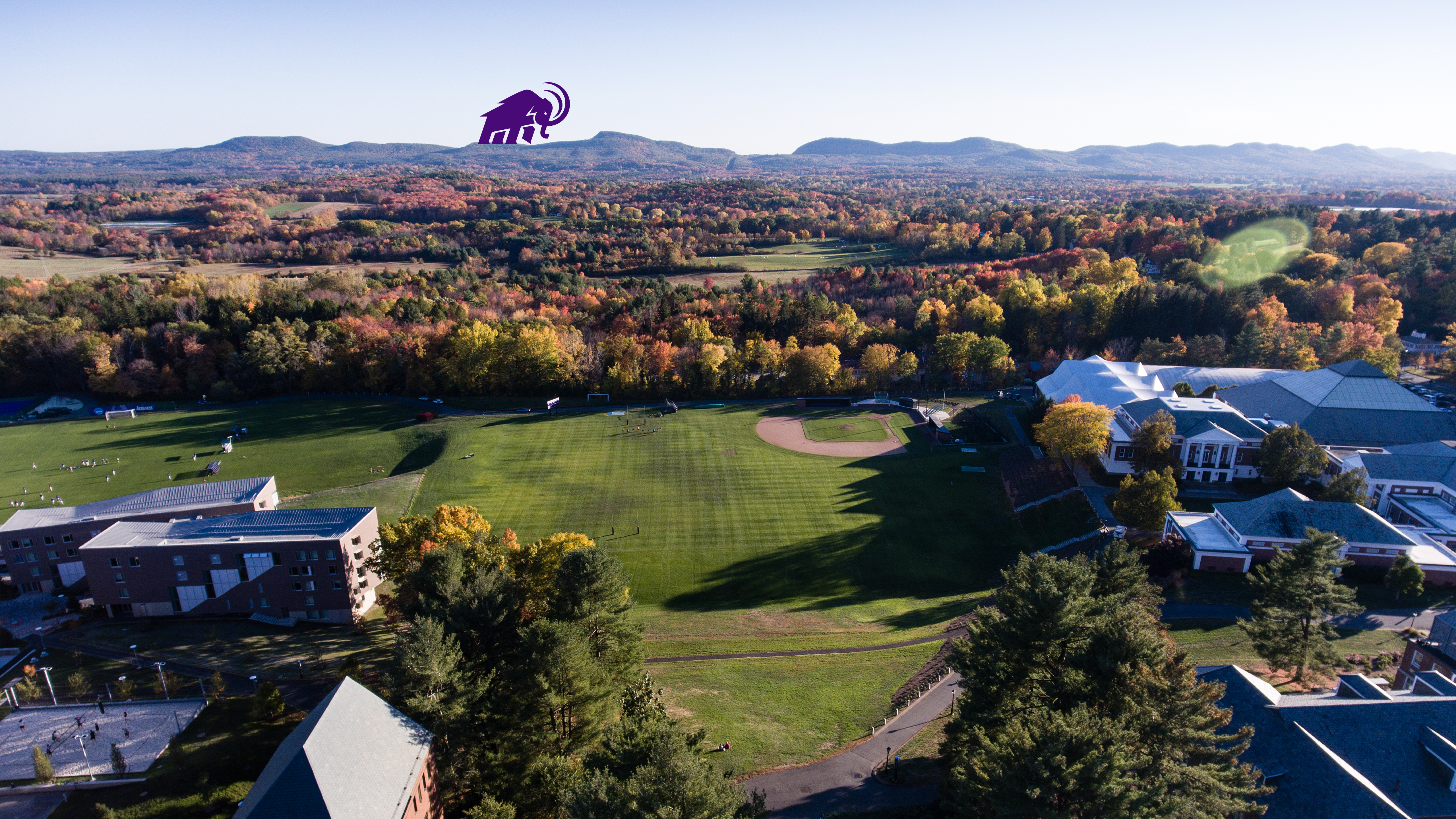 Mammoth walking across the range in an aerial photo of campus