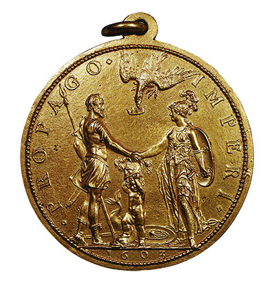 Bronze medal by Dupre that shows King Henry and Queen Marie facing each other, shaking hands. 