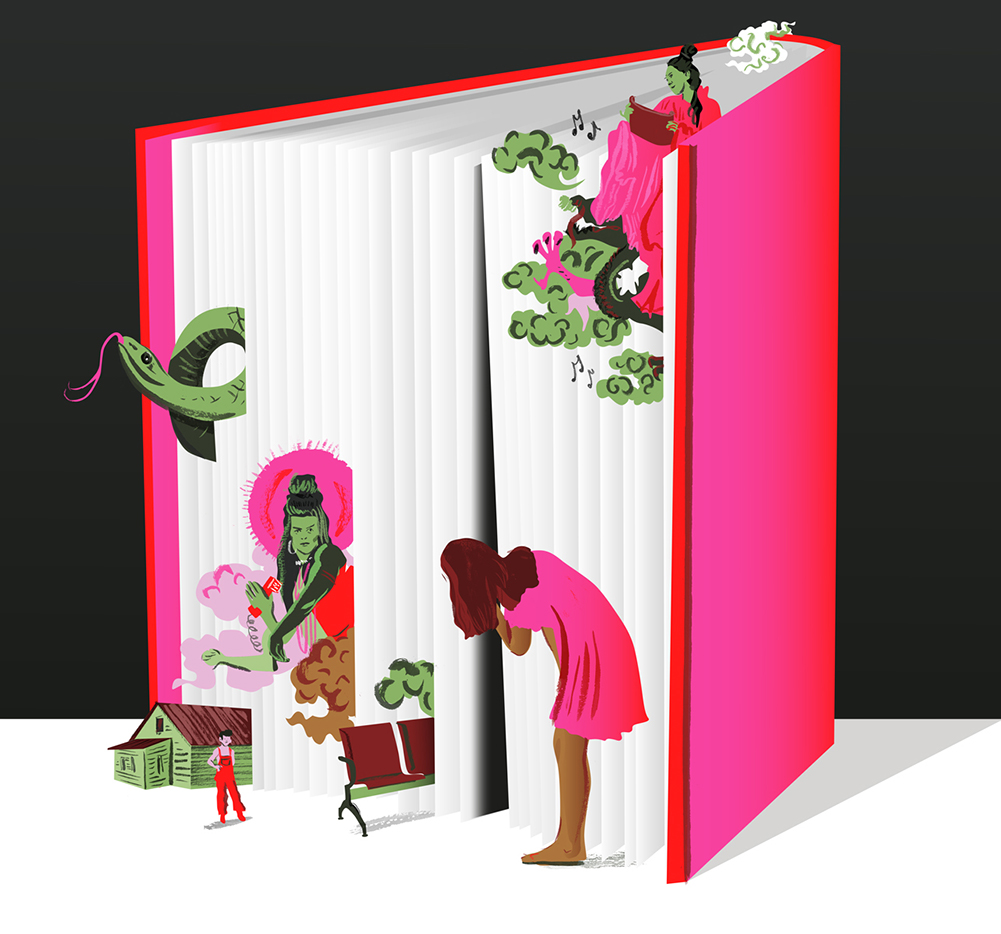 An illustration of people tending plants around a large book