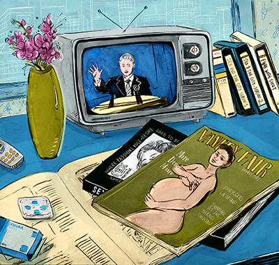 Illustration of cover of Vanity Fair magazine, tv and videos in the background