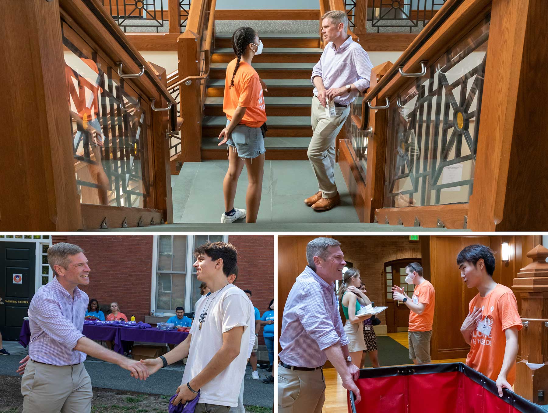 President Elliott greets new students as they enter a residence hall.