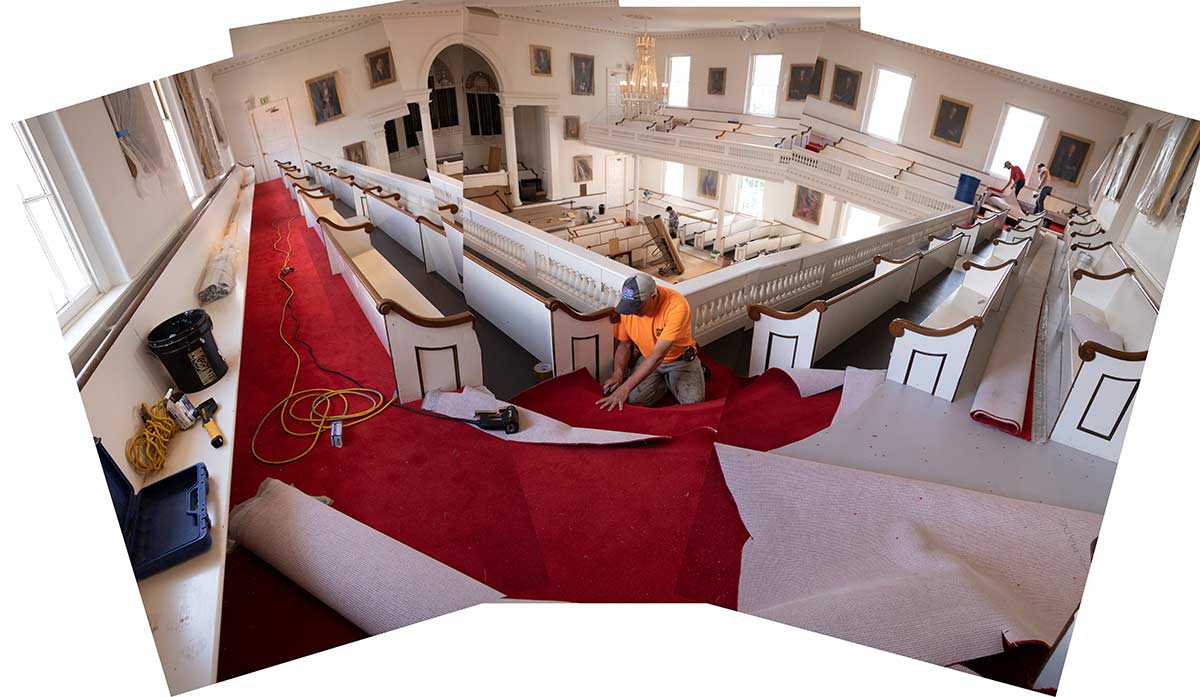 A composite of photos showing the repair work happening inside Johnson Chapel.