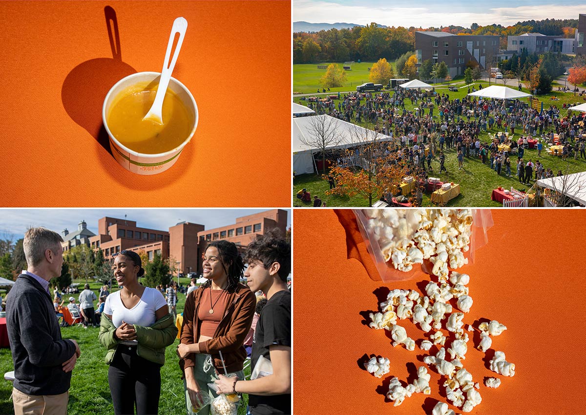 Pumpkin soup, popcorn and aerial view of the fesitval, and a closeup of President Elliott talking to three students. 