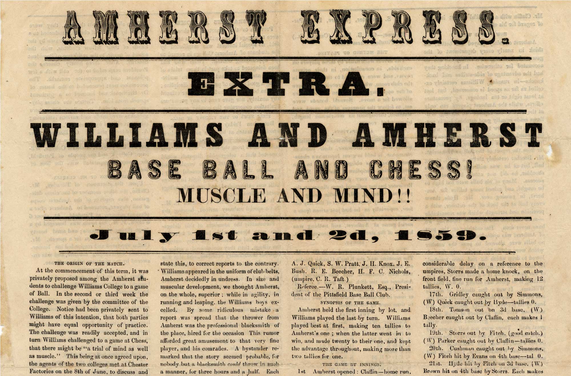 newspaper from 1859 about Williams and Amherst competing in baseball and chess