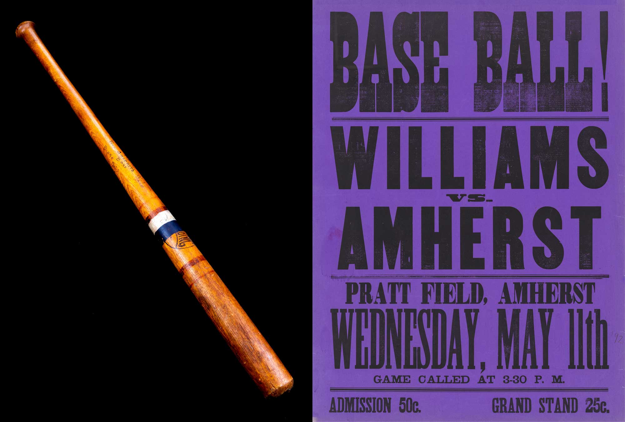 A baseball and a Williams vs Amherst baseball poster from the 1800s
