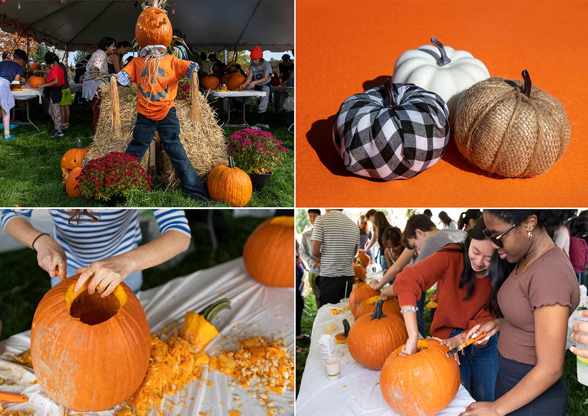 A scarecrow and some pumpkin in the process of being carved.