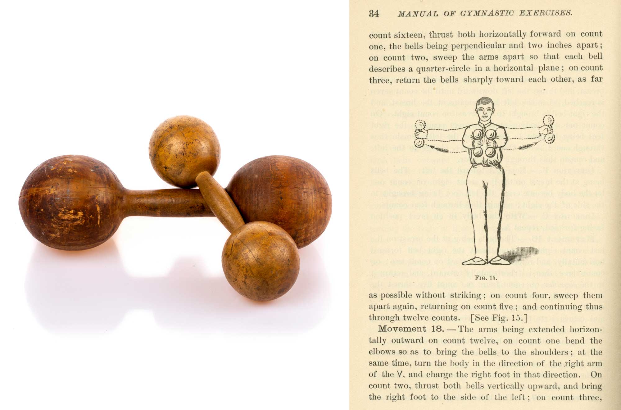 Small hand weights and a page from A Manual for Gymnastic Exercise