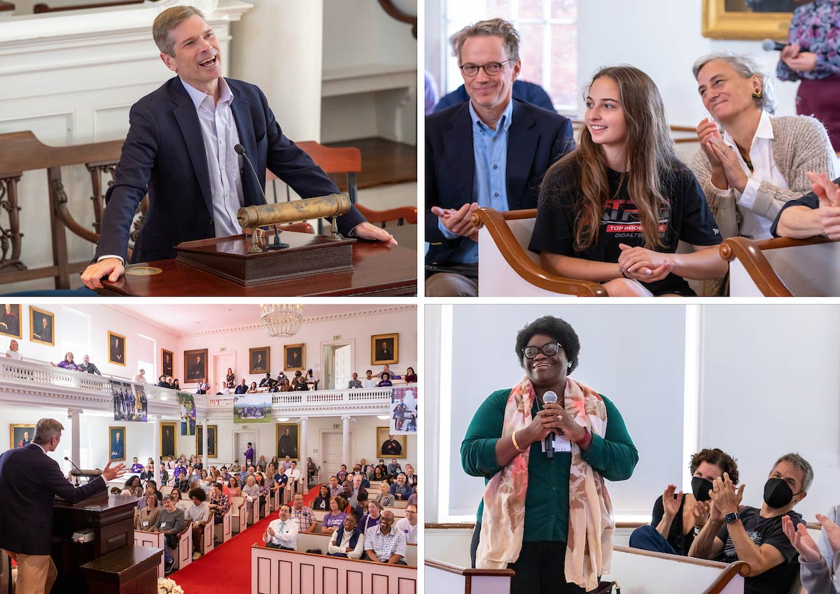 President Elliiott speaking to students and their families inside Johnson Chapel.