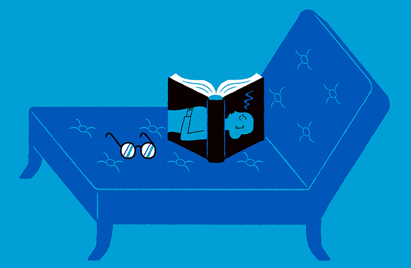 An illustration of a book and a pair of glasses on a couch