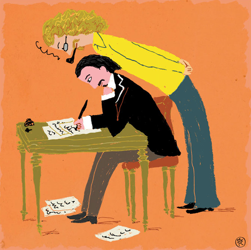 An illustration of a man leaning over a man sitting on a desk