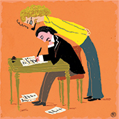 An illustration of a man leaning over another man writing at a desk