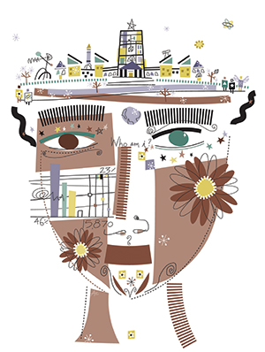 An illustration of a person's head with a city and graphs intersecting parts of the face
