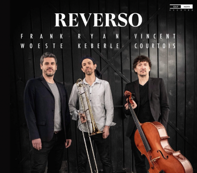 Three classical musicians on an album cover names "Reverso"