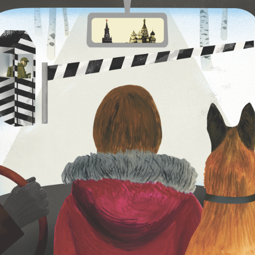 An illustration of a woman and dog at a checkpoint with a guard blocking the way