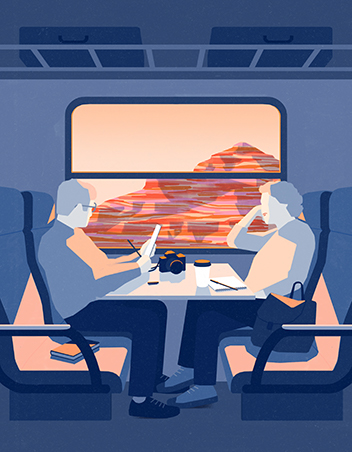 An illustration of two people sitting across from each other on a plane
