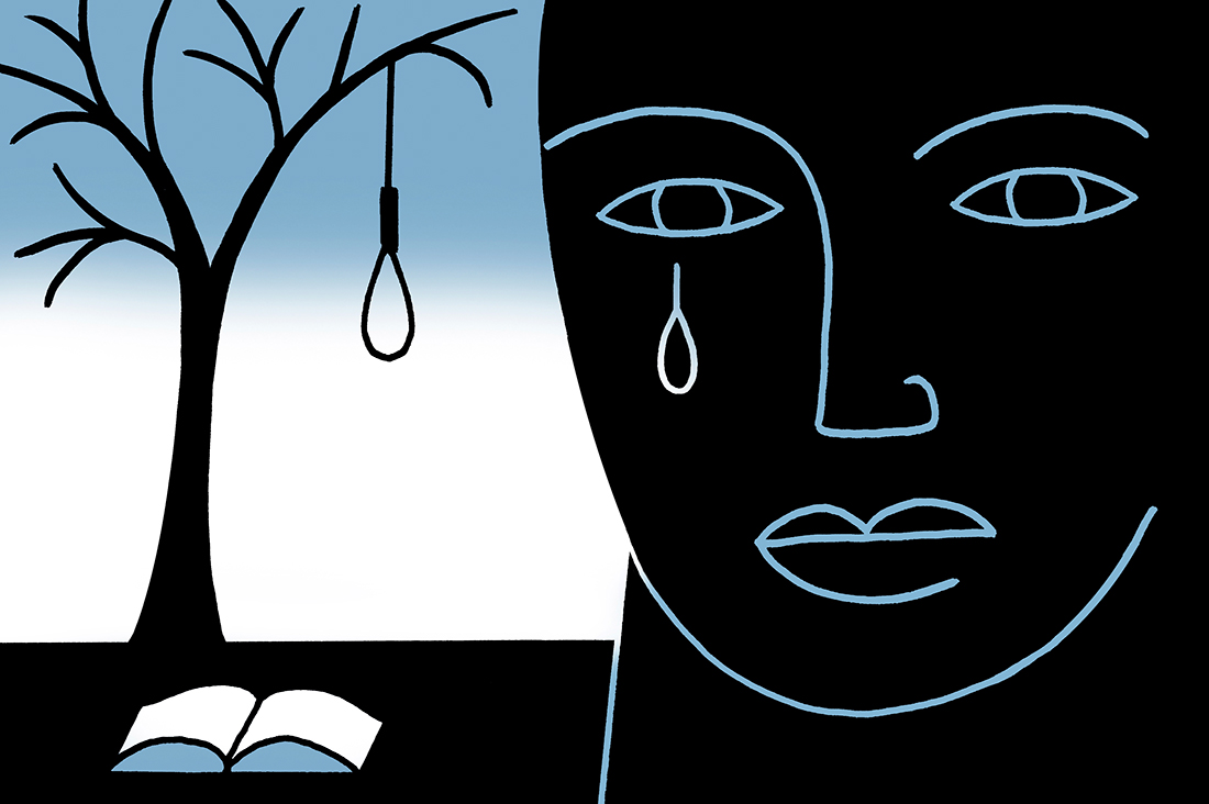 An illustratuon of a face crying next to a book and a noose hanging from a tree