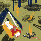 An illustration of a person reading under a tent next to campfire