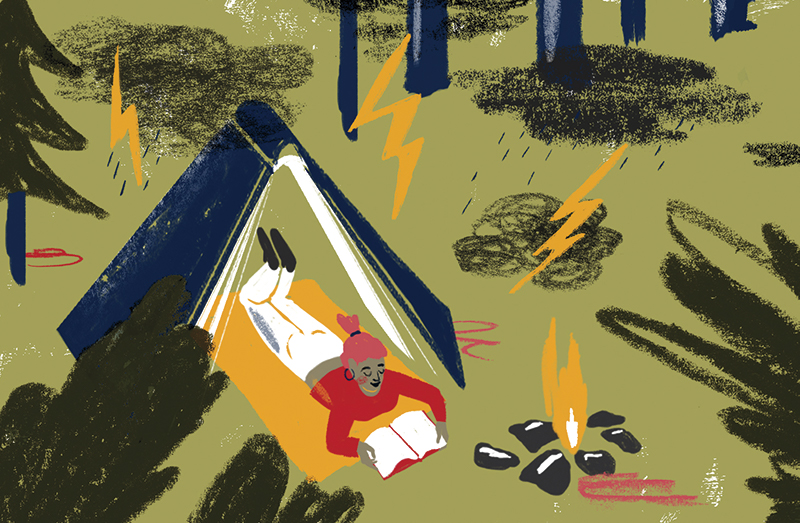 An illustration of a person reading a book in a tent by a campfire