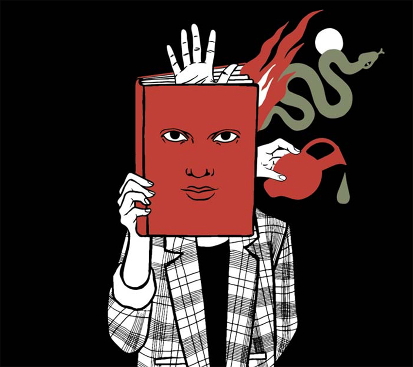 An illustration of a man holding a book over his face with a face on the book