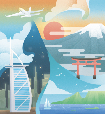 An illustration of various city landmarks and an airplane flying overhead