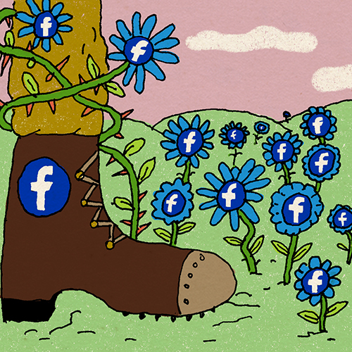 An illustration of a boot stepping on flowers with the Facebook logo in them