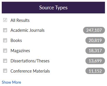 screenshot of Discover source types limiter, with Academic Journals, Books, Magazines, and other checkboxes