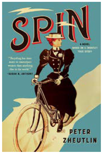 The cover a magazine titled Spin with a woman on the cover riding a bicycle