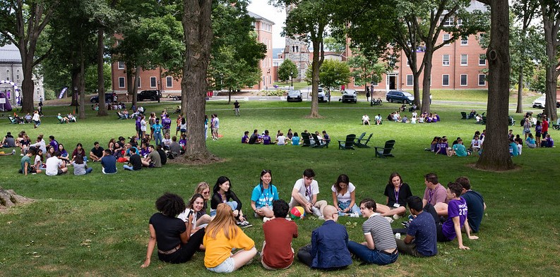 Students sitting in circles on Quad