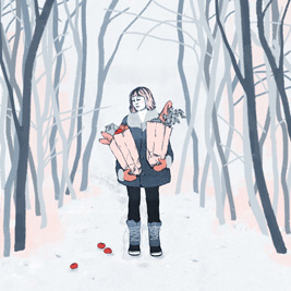 Illustration of woman in snowy woods carrying grocery bags