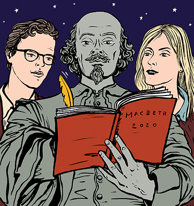An illustration of a man and a woman looking over the shoulder of William Shakespeare as he writes in a book