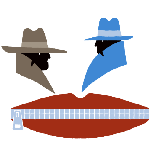 An illustration of two men in hats and trenchcoats above a pair of zipped lips