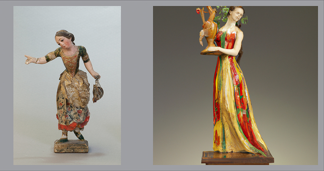 Two photos of a small statue of a woman holding a chicken