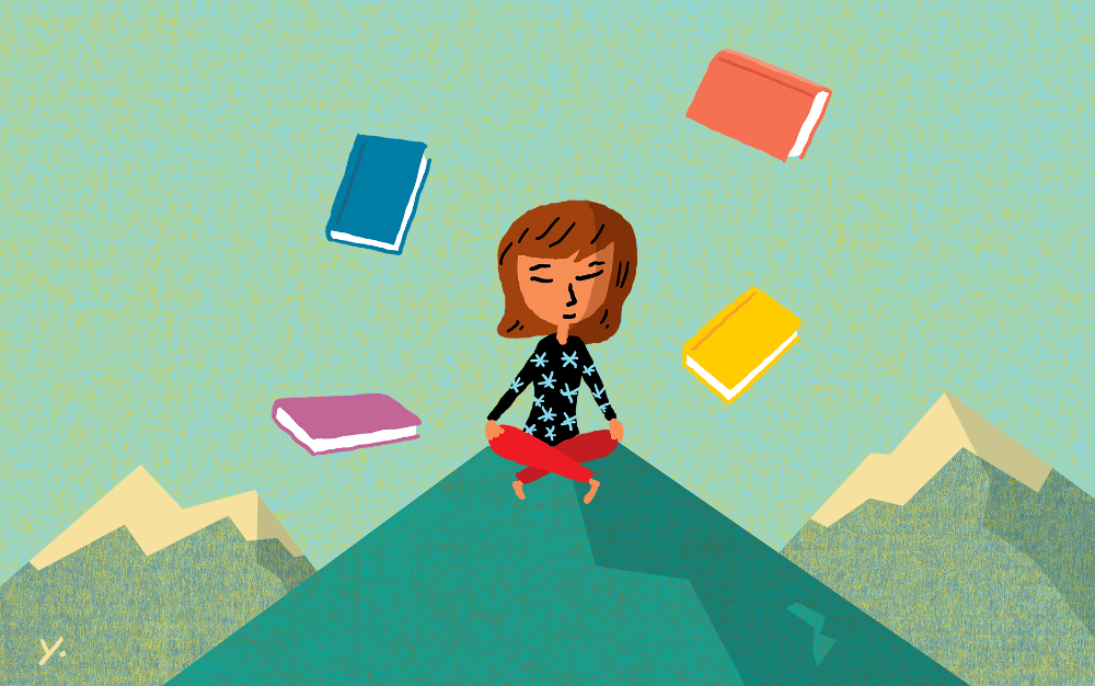 An illustration of a woman doing a yoga pose on a mountaintop surrounded by floating books