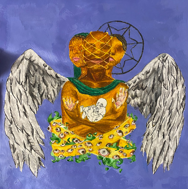 painted three-headed figure with angel wings on a blue background