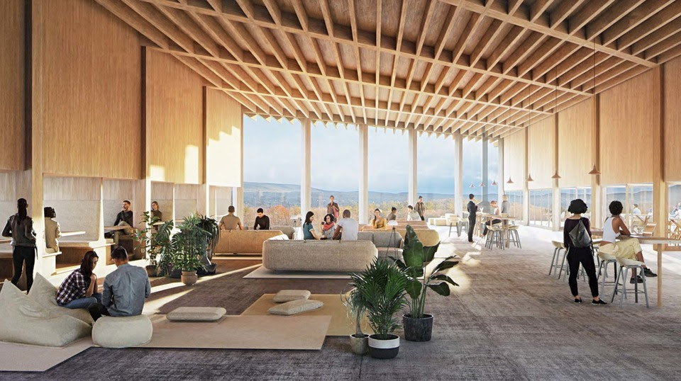architectural rendering of a modern, open space with view of mountains