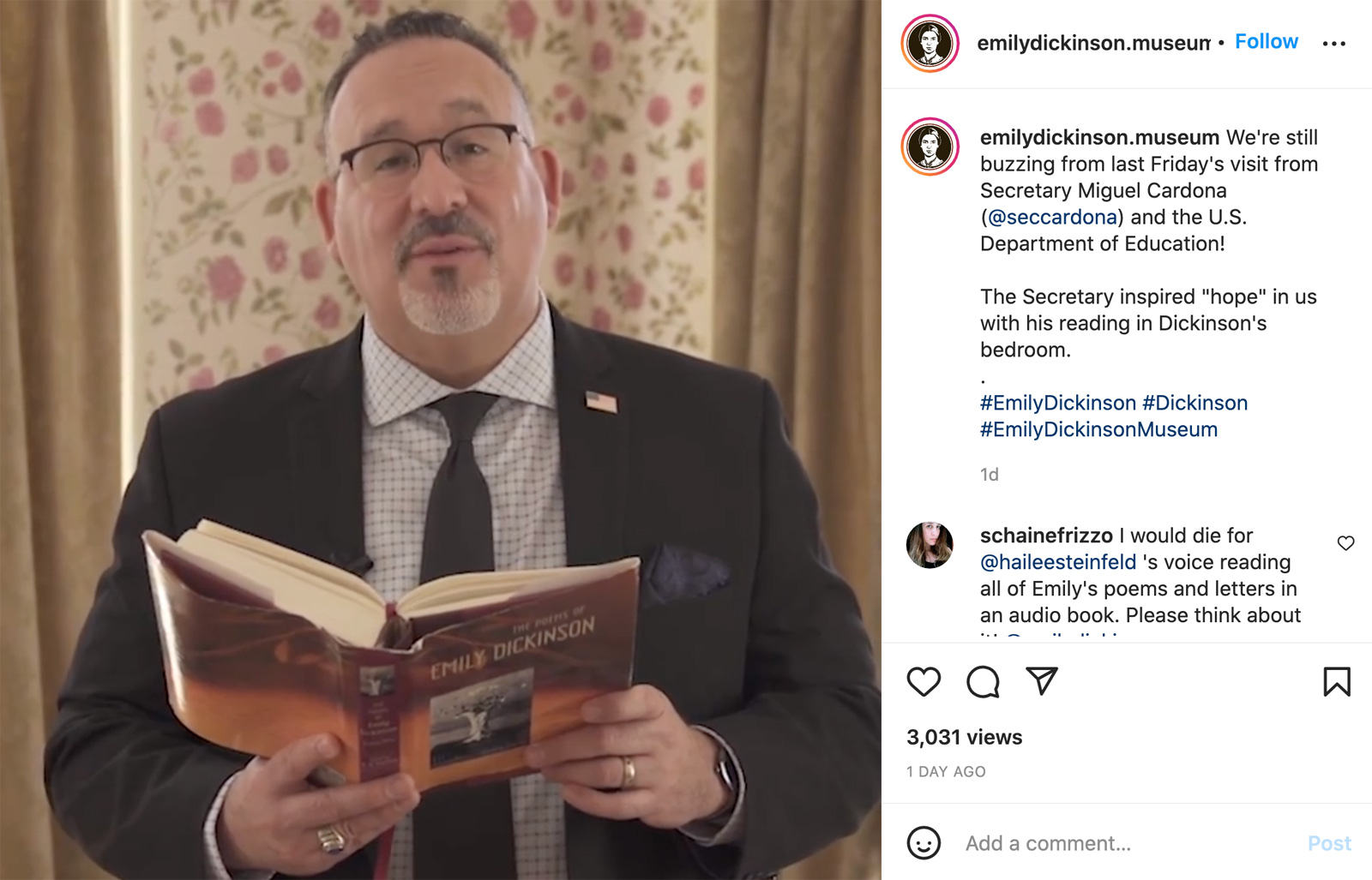 Miguel Cardona reading in Emily Dickinson's bedroom live on Instagram