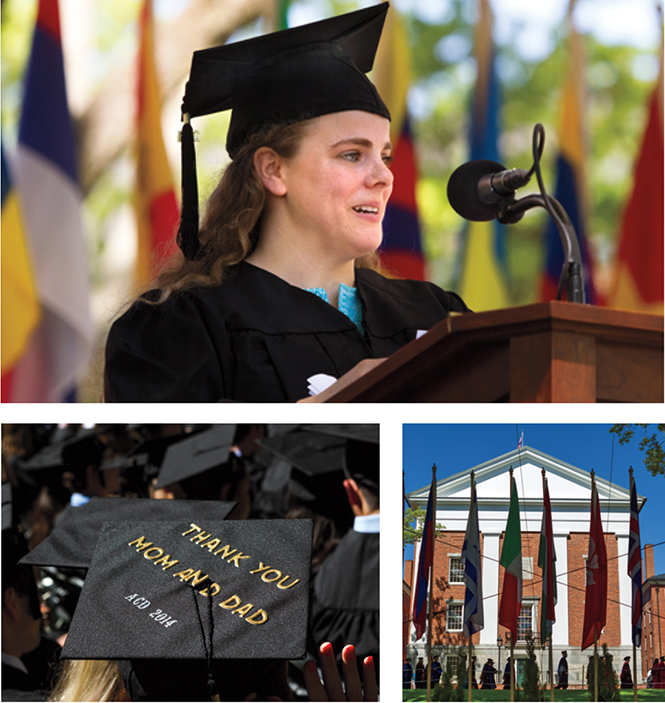 Class speaker, Katherine Sisk ’14; mortar board with “thank you” message; grads marching in front of Johnson Chapel