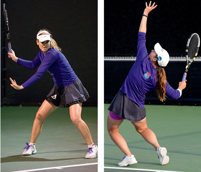 Jordan Brewer ’14 hitting forehand; Gabby Devlin ’14 serving