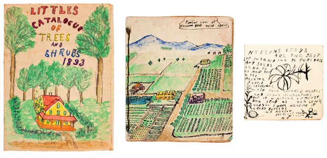 Three drawings: a seed catalog, a farm, an ad