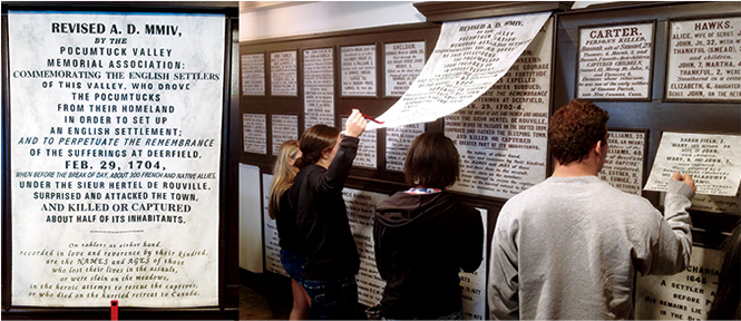 Students reading old memorials covered with modern interpretations.
