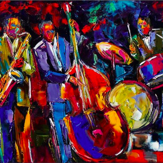 Colorful acrylic painting of a jazz trio playing saxophone, bass and drums