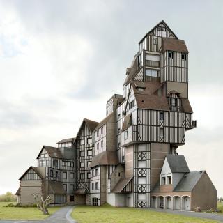 Artwork depicting a large, complicated structure that appears to consist of multiple small houses connected to one another