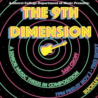Event poster showing the shape of an electric guitar surrounded by colorful concentric circles on a starry black background