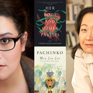 Portraits of authors and their book covers: Carmen Maria Machado (Her Body and Other Parties) and Min Jin Lee with (Pachinko)