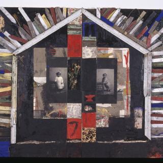 Brightly colored artwork showing the shape of a house with two black-and-white photographs of children inside