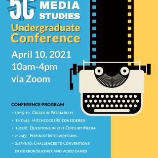 Flyer for the 5C Film & Media Studies Conference. Includes graphic of a film strip and conference programming, which you can find in the description.